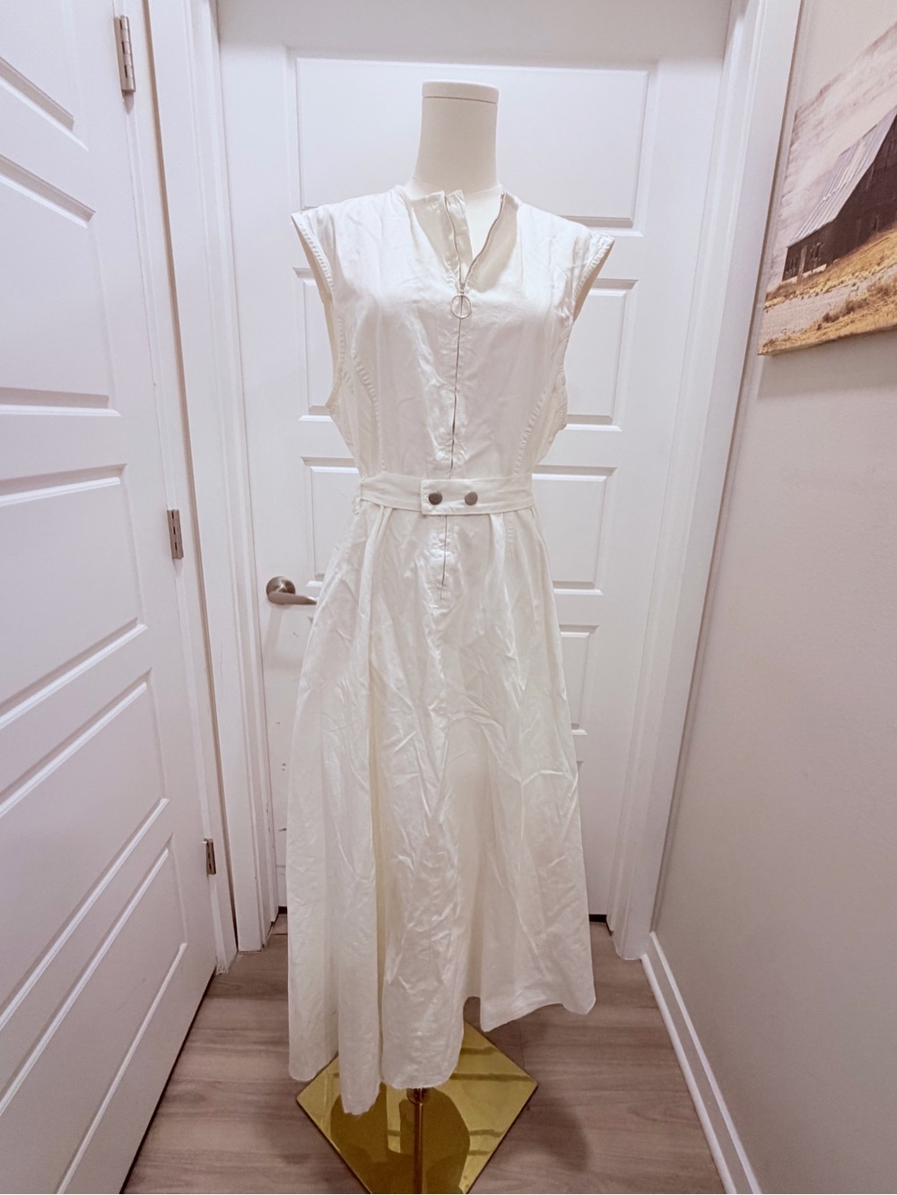 Zara White Sleeveless Belted Cotton Midi Dress